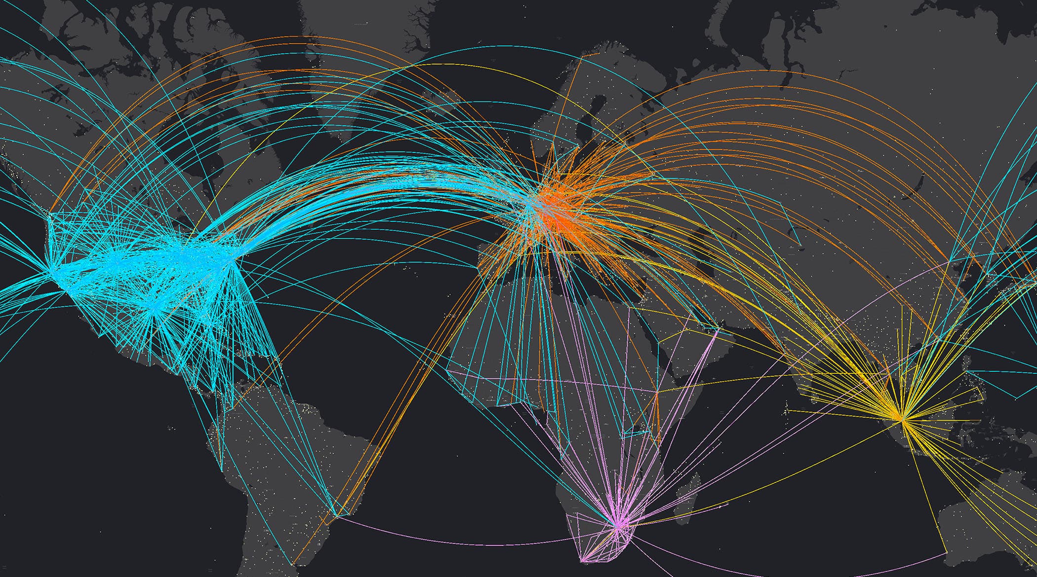 A gray scale of the map of the world with colored lines connecting various points