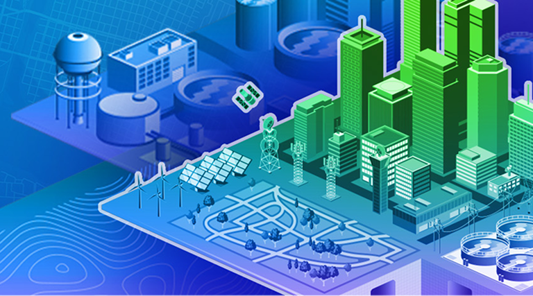 Illustrated cityscape showing infrastructure and utility assets, including high-rise buildings, water tanks, treatment facilities, cell towers, solar panels, and wind turbines